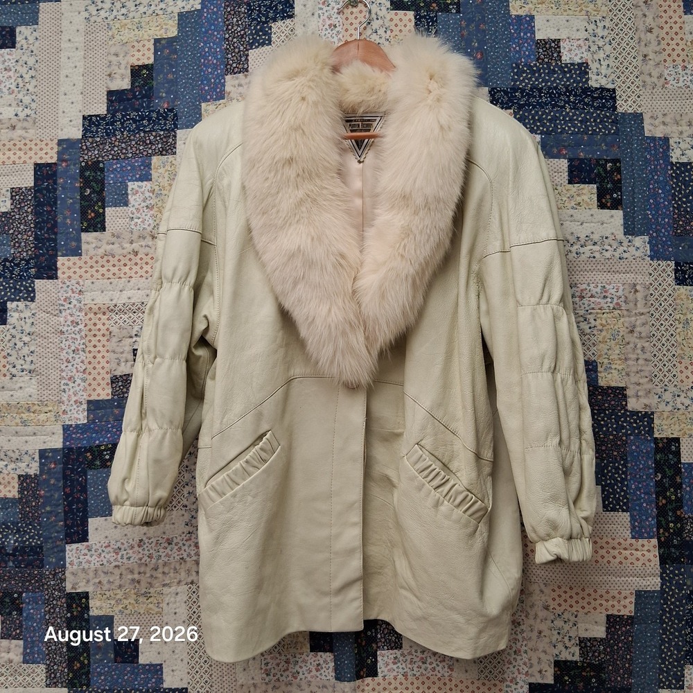 VTG J Percy Marvin Richards Leather Jacket Fox Fur Collar Cream Size M Pockets
